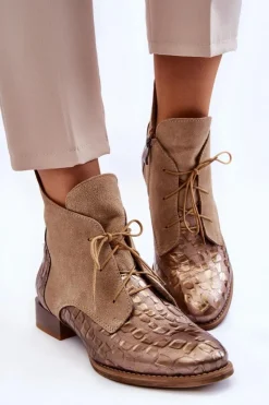 Maciejka Botki Maciejka|Botki Sznurowane*Skórzane Botki Na Płaskim Obcasie 2878J-04 Beżowe