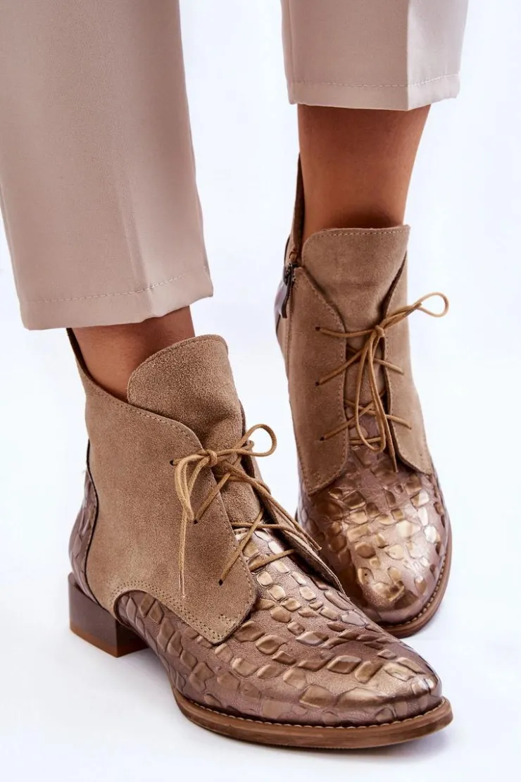 Maciejka Botki Maciejka|Botki Sznurowane*Skórzane Botki Na Płaskim Obcasie 2878J-04 Beżowe