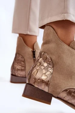 Maciejka Botki Maciejka|Botki Sznurowane*Skórzane Botki Na Płaskim Obcasie 2878J-04 Beżowe