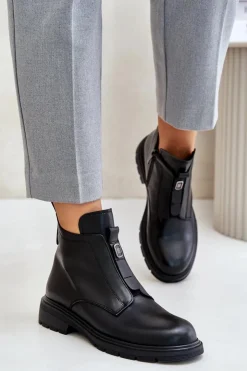 Evento Botki Ocieplane|Czarne Botki*Skórzane Botki Na Płaskim Obcasie Ocieplane Czarne Komisa