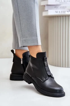 Evento Botki Ocieplane|Czarne Botki*Skórzane Botki Na Płaskim Obcasie Ocieplane Czarne Komisa