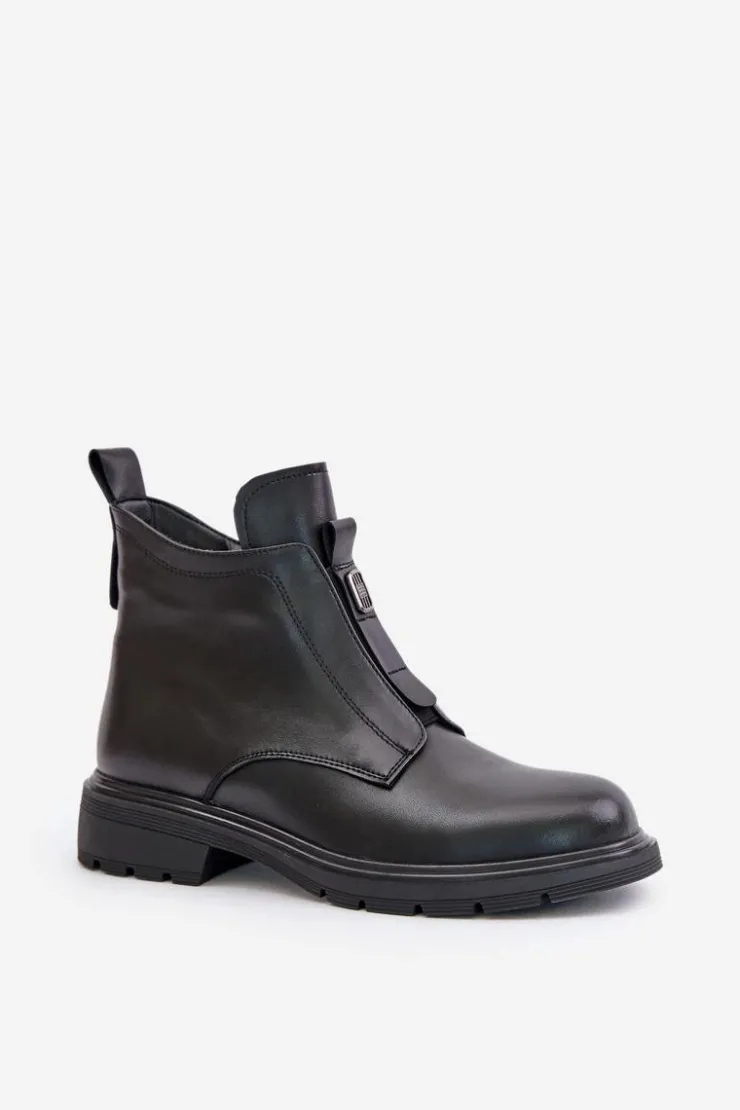 Evento Botki Ocieplane|Czarne Botki*Skórzane Botki Na Płaskim Obcasie Ocieplane Czarne Komisa