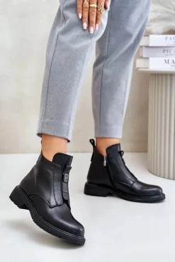 Evento Botki Ocieplane|Czarne Botki*Skórzane Botki Na Płaskim Obcasie Ocieplane Czarne Komisa