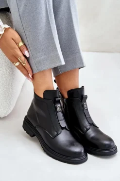 Evento Botki Ocieplane|Czarne Botki*Skórzane Botki Na Płaskim Obcasie Ocieplane Czarne Komisa