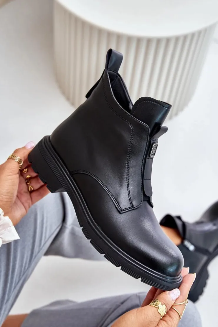 Evento Botki Ocieplane|Czarne Botki*Skórzane Botki Na Płaskim Obcasie Ocieplane Czarne Komisa