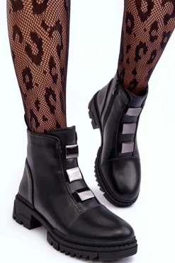 Damskie Boto Skórzane Botki Na Płaskim Obcasie Czarne Azulenn