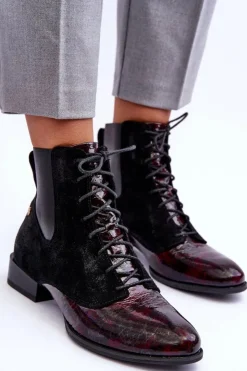 Maciejka Botki Maciejka|Botki Skórzane*Skórzane Botki Na Płaskim Obcasie 06200-08 Czarne