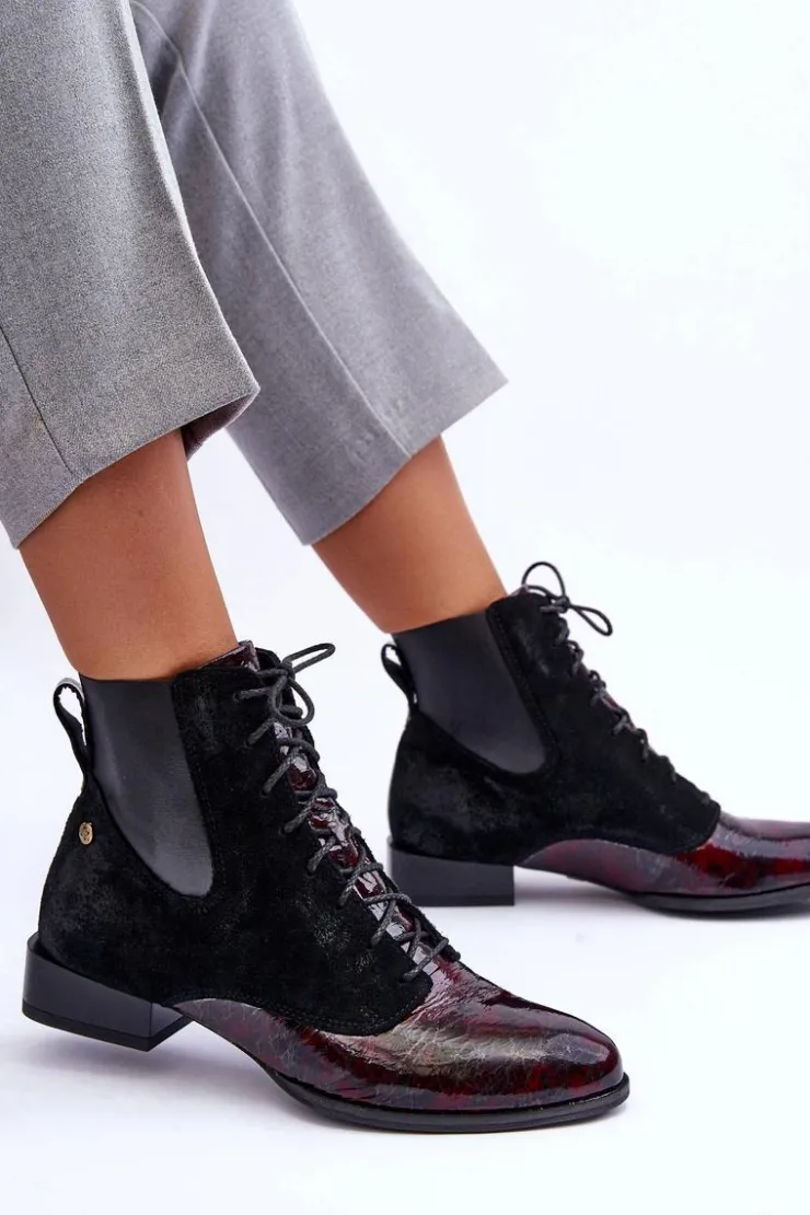 Maciejka Botki Maciejka|Botki Skórzane*Skórzane Botki Na Płaskim Obcasie 06200-08 Czarne