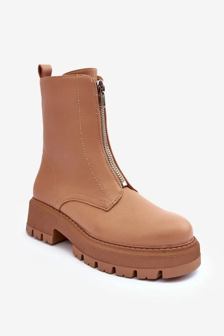 Boto Botki Ocieplane|Brązowe I Beżowe Botki*Skórzane Botki Na Płaskim Obcasie Z Suwakiem Camel Vimal Brązowy