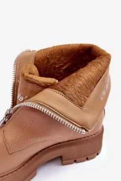 Boto Botki Ocieplane|Brązowe I Beżowe Botki*Skórzane Botki Na Płaskim Obcasie Z Suwakiem Camel Vimal Brązowy