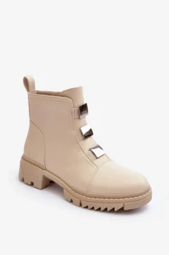 Boto Botki Zimowe Damskie|Brązowe I Beżowe Botki*Skórzane Botki Na Płaskim Obcasie Jasnobeżowe Azulenn