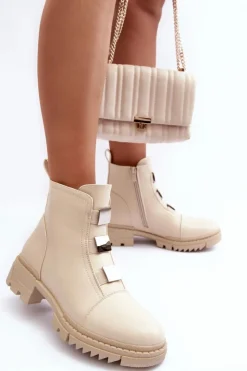 Boto Botki Zimowe Damskie|Brązowe I Beżowe Botki*Skórzane Botki Na Płaskim Obcasie Jasnobeżowe Azulenn