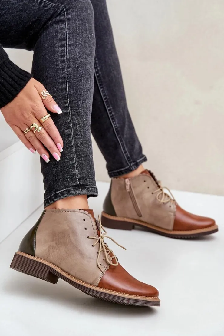 Hot Nobo Skórzane Botki Na Płaskim Obcasie Brązowe Zazoo 4078 Brązowy