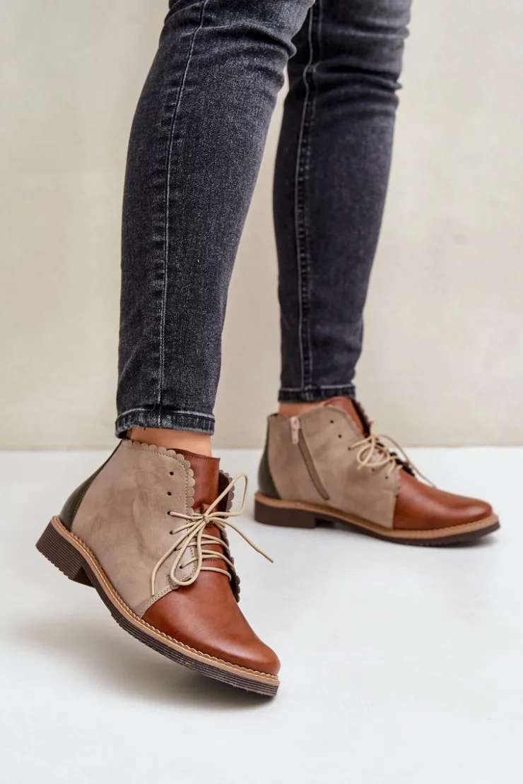 Hot Nobo Skórzane Botki Na Płaskim Obcasie Brązowe Zazoo 4078 Brązowy