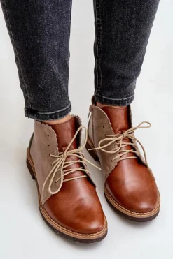 Hot Nobo Skórzane Botki Na Płaskim Obcasie Brązowe Zazoo 4078 Brązowy