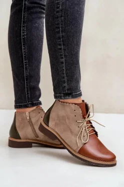 Hot Nobo Skórzane Botki Na Płaskim Obcasie Brązowe Zazoo 4078 Brązowy