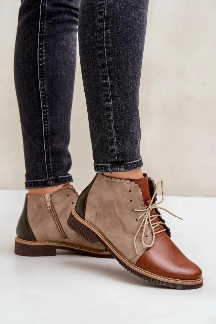 Hot Nobo Skórzane Botki Na Płaskim Obcasie Brązowe Zazoo 4078 Brązowy