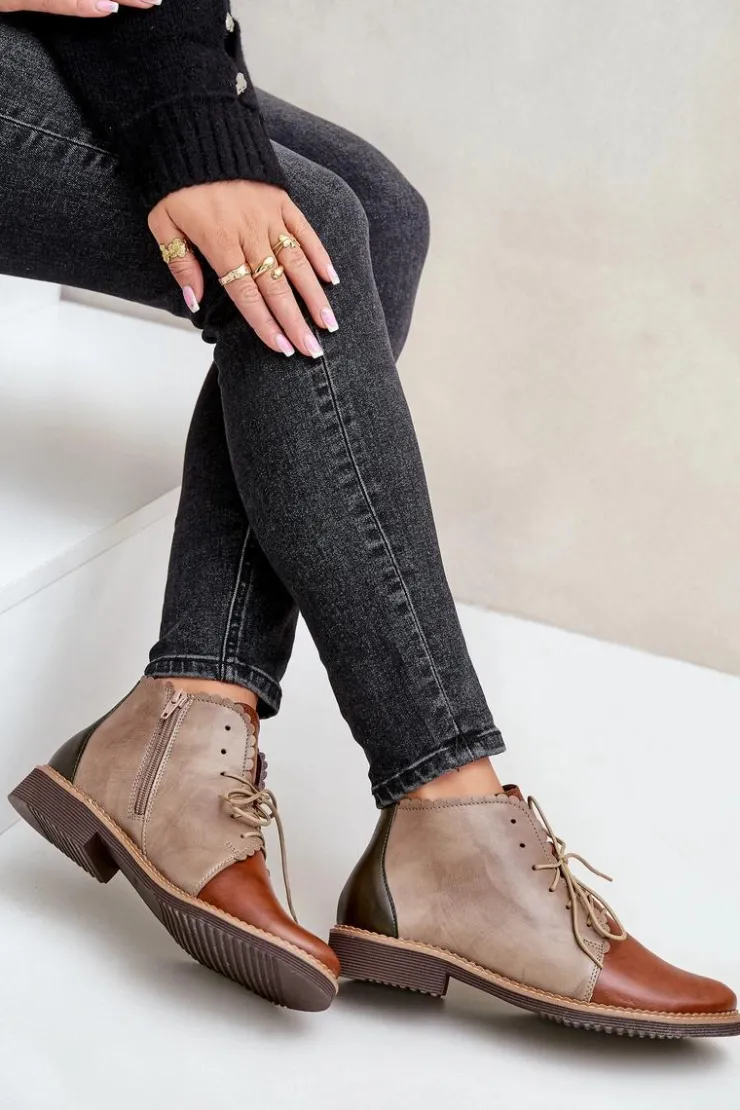 Hot Nobo Skórzane Botki Na Płaskim Obcasie Brązowe Zazoo 4078 Brązowy