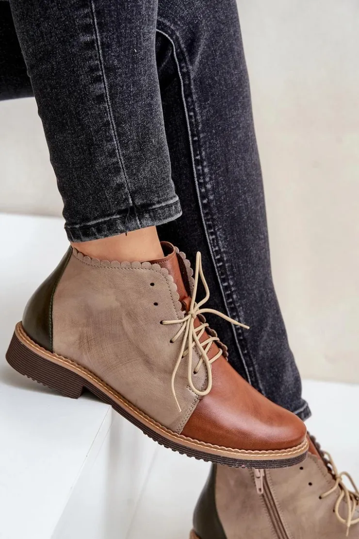 Hot Nobo Skórzane Botki Na Płaskim Obcasie Brązowe Zazoo 4078 Brązowy