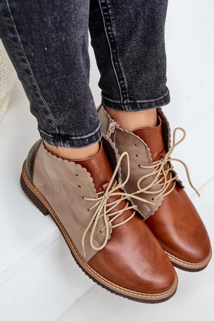 Hot Nobo Skórzane Botki Na Płaskim Obcasie Brązowe Zazoo 4078 Brązowy