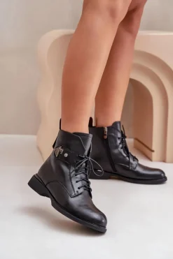 Damskie Maciejka Skórzane Botki Na Płaskim Obcasie Z Ozdobą Ocieplane N3115-01 Czarne