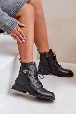 Damskie Maciejka Skórzane Botki Na Płaskim Obcasie Z Ozdobą Ocieplane N3115-01 Czarne