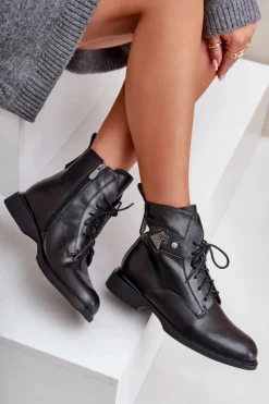 Damskie Maciejka Skórzane Botki Na Płaskim Obcasie Z Ozdobą Ocieplane N3115-01 Czarne