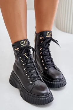 Damskie CheBello Skórzane Botki Na Platformie Na Zamek Z Ozdobną Kłódką 4517 Czarne