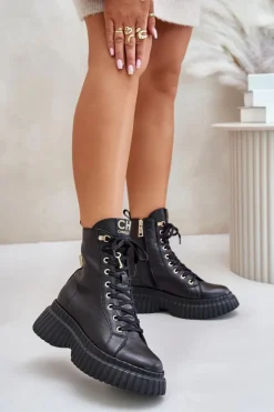 Damskie CheBello Skórzane Botki Na Platformie Na Zamek Z Ozdobną Kłódką 4517 Czarne