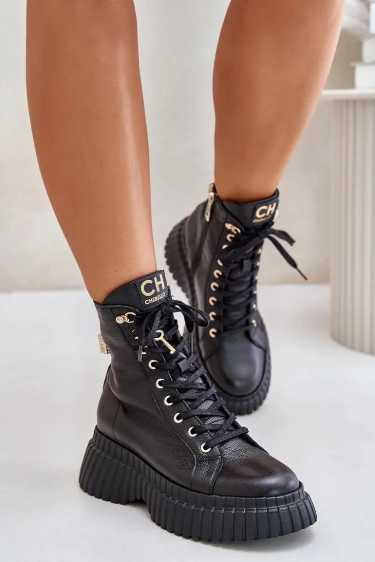 Damskie CheBello Skórzane Botki Na Platformie Na Zamek Z Ozdobną Kłódką 4517 Czarne