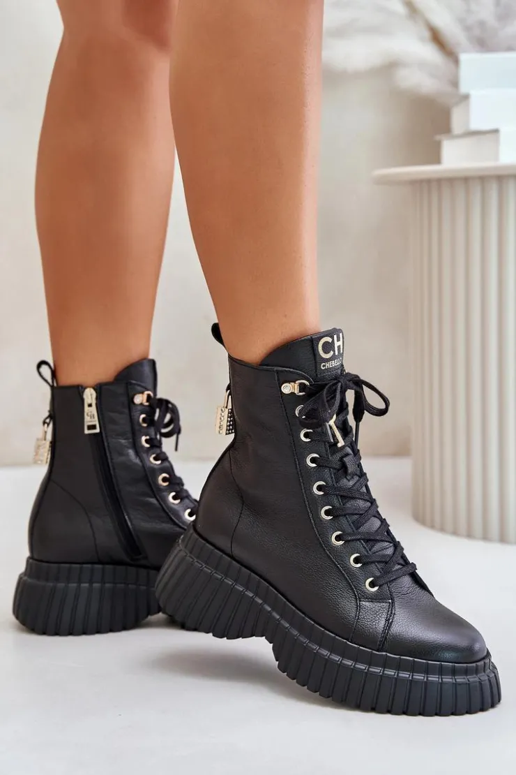 Damskie CheBello Skórzane Botki Na Platformie Na Zamek Z Ozdobną Kłódką 4517 Czarne