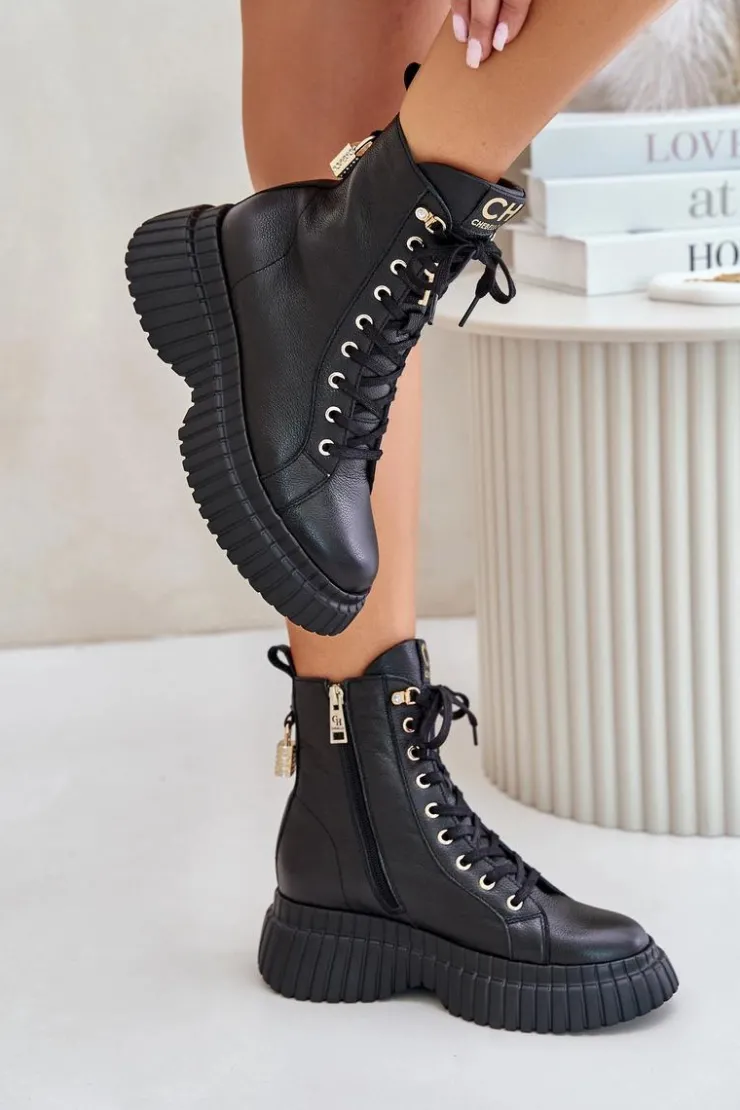Damskie CheBello Skórzane Botki Na Platformie Na Zamek Z Ozdobną Kłódką 4517 Czarne