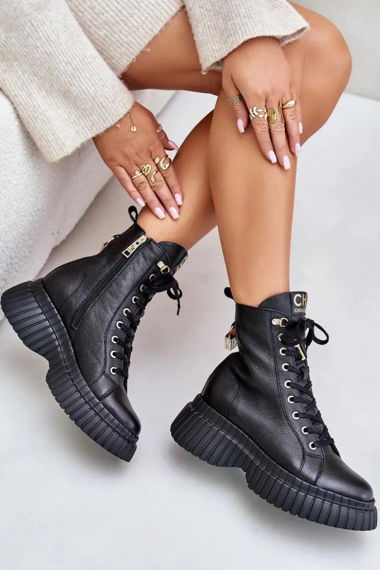 Damskie CheBello Skórzane Botki Na Platformie Na Zamek Z Ozdobną Kłódką 4517 Czarne