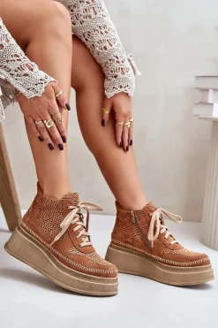 Maciejka Botki Maciejka|Damskie Trapery*Skórzane Botki Na Platformie I Koturnie 06759-29 Brązowe