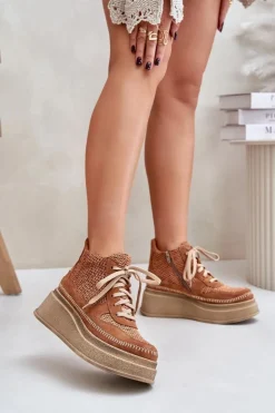 Maciejka Botki Maciejka|Damskie Trapery*Skórzane Botki Na Platformie I Koturnie 06759-29 Brązowe