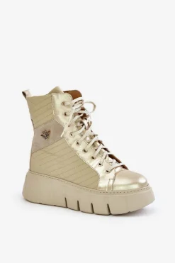 New Maciejka Skórzane Botki Na Platformie 06751-25 Złote Złoty