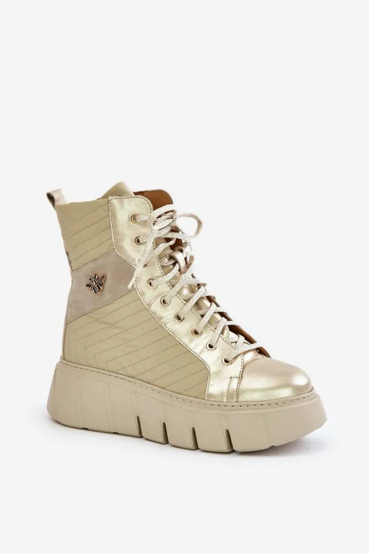 New Maciejka Skórzane Botki Na Platformie 06751-25 Złote Złoty