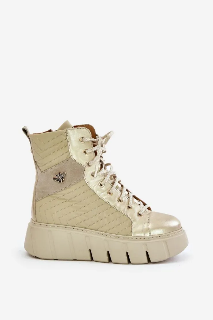 New Maciejka Skórzane Botki Na Platformie 06751-25 Złote Złoty