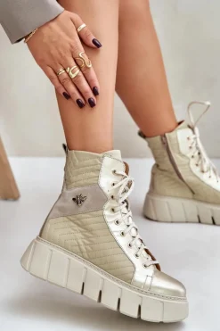 New Maciejka Skórzane Botki Na Platformie 06751-25 Złote Złoty