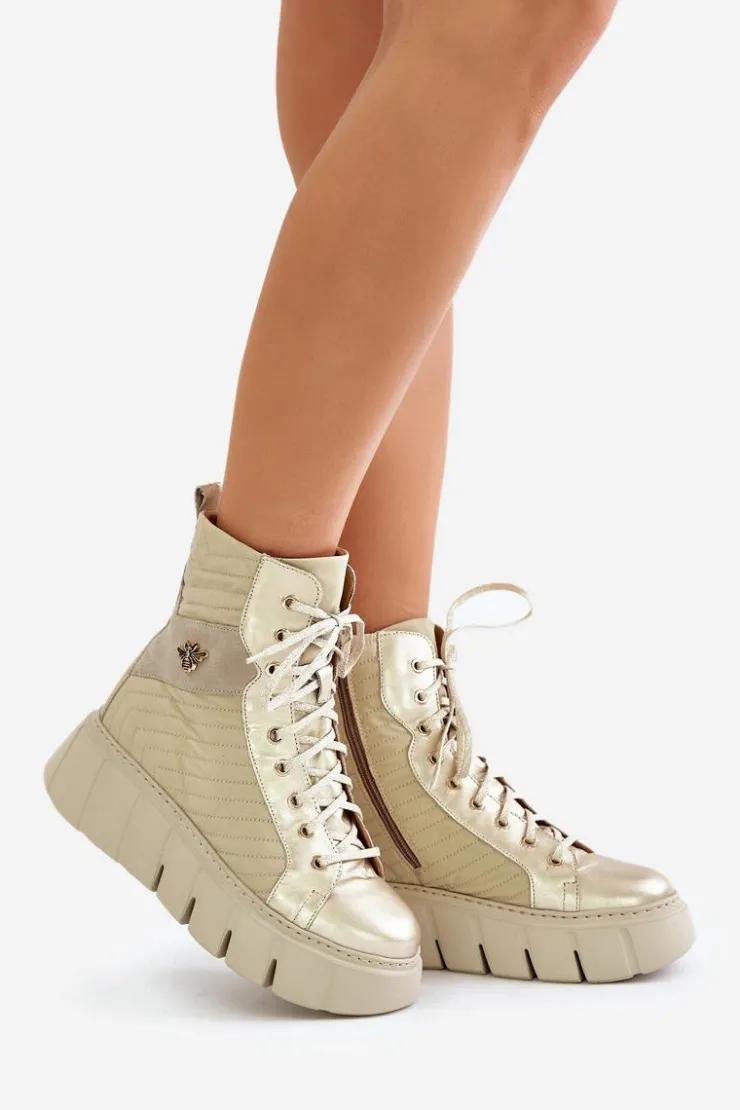 New Maciejka Skórzane Botki Na Platformie 06751-25 Złote Złoty