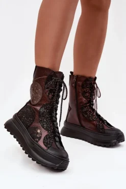Outlet Maciejka Skórzane Botki Na Platformie Ocieplane 06565-02 Brązowo-Złote Brązowy