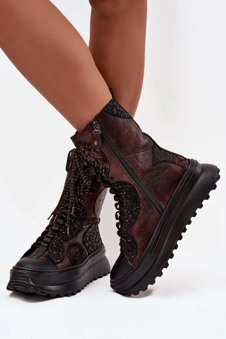 Outlet Maciejka Skórzane Botki Na Platformie Ocieplane 06565-02 Brązowo-Złote Brązowy