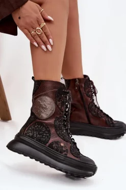 Outlet Maciejka Skórzane Botki Na Platformie Ocieplane 06565-02 Brązowo-Złote Brązowy