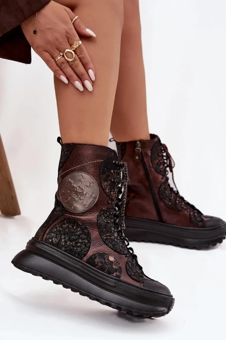 Outlet Maciejka Skórzane Botki Na Platformie Ocieplane 06565-02 Brązowo-Złote Brązowy