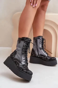 Damskie Maciejka Skórzane Botki Na Platformie I Koturnie Z Wzorzystą Cholewką 06720-01 Czarne