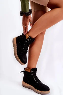 Damskie Boto Skórzane Botki Na Platformie Czarne Ressa