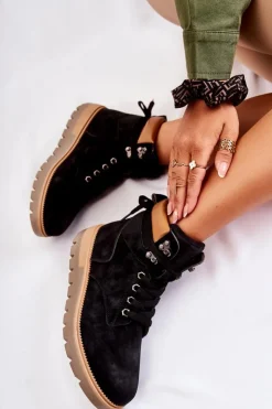 Damskie Boto Skórzane Botki Na Platformie Czarne Ressa