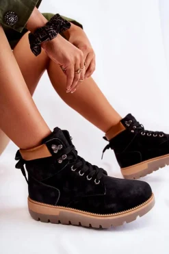 Damskie Boto Skórzane Botki Na Platformie Czarne Ressa