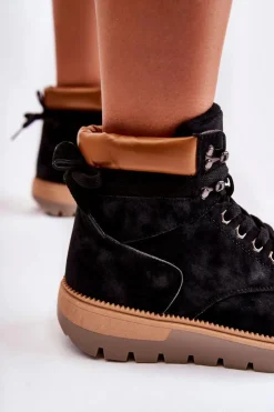 Damskie Boto Skórzane Botki Na Platformie Czarne Ressa