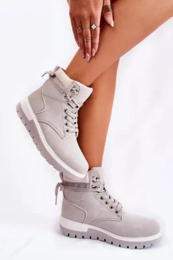 Damskie Boto Skórzane Botki Na Platformie Szare Ressa